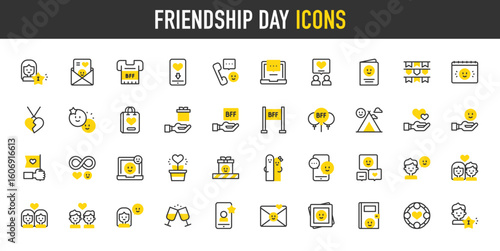 Friendship Day vector icons. Girl, Infinite, Boy, Hug, Phone Call, Cheers, Love, Hearts, Greeting Card, Camping Tent, Chat, Balloons, Fingers, Best Friend, Gift illustration.	

