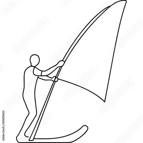 Line art illustration of a person windsurfing on a white background sail water sport