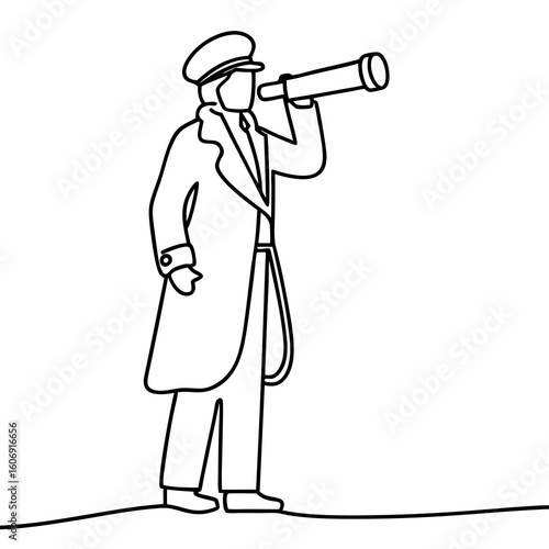 Line art illustration of a ship captain looking through a spyglass on a white background nautical maritime
