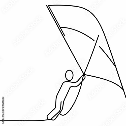 Minimalist line art of a person hang gliding against a white background hang glider silhouette