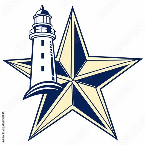 Nautical star with lighthouse graphic design on white background beacon maritime
