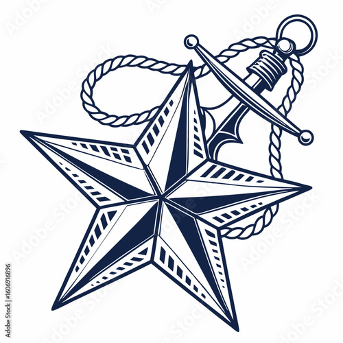 Nautical star with sword and rope on white background compass rose navigation