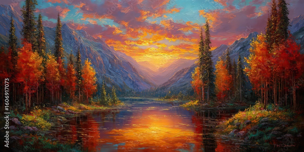Naklejka premium Autumn Sunset Mountain Lake Landscape Painting