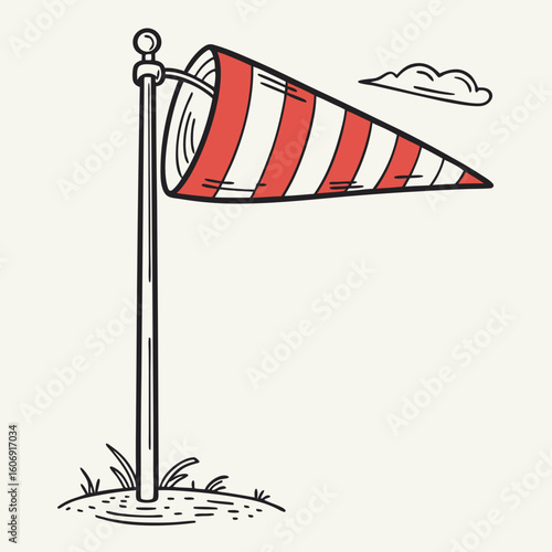 Red and white striped windsock on a pole with a cloud flag weather