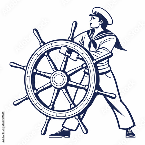 Sailor in uniform holding a ship's steering wheel on a white background helm nautical
