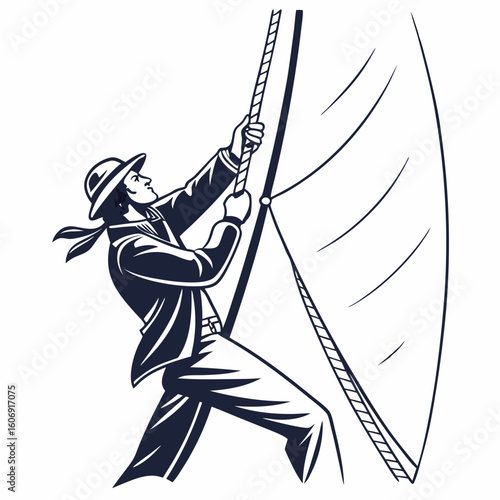Sailor pulling rope on a sailboat with a white background vector