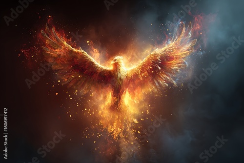 Stunning fiery phoenix majestically rising from ashes with glowing wings and embers creating an awe-inspiring spectacle of rebirth and power