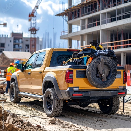 Electric Pickup Truck at Construction Site with Tools and Workers – Photorealistic Industrial EV Scene