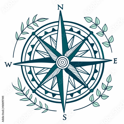 Teal and navy blue wind rose compass with green leaves on white background navigation direction