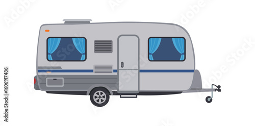 Travel trailer camper van vector illustration in side view representing road trip adventure mobile home camping holiday transport or recreational vehicle concept
