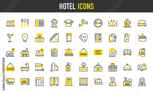 Hotel vector icons. CCTV Camera, Parking, Open, Bell, Room Door, Online Booking, Cocktail, Bath Tub, Tissue Box, Food Tray, 24 Hours, Bar, Free Wifi, Oven, Cutlery illustration.	