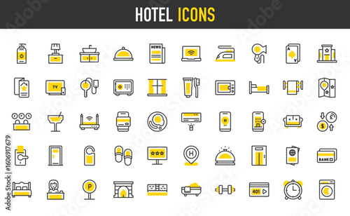 Hotel vector icons. Alarm Clock, Single Bed, Room Door, Double Bed, Reception Desk, TV, Washing Machine, Flyer, Booking, Passport, Sink, Bathtub, Credit Card, Room illustration.	
