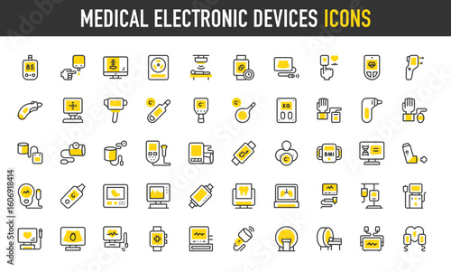 Medical electronic devices vector icons. Dialysis, Scan, Tonometer, X Rays, Doppler, Defibrillator, Glucose Meter, DNA, Dentist, Tonometer, Scan, Oximeter, Lungs illustration.	

