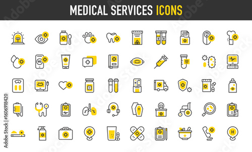 Medical services vector icons. Chat, Microbe, Bone, Baby, Clipboard, Lungs, Water Glass, Blood Tube, Ultrasound, Scan, Dentist, Injection, Drops, Medical Kit, Tube illustration.	