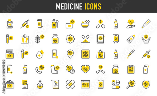 Medicine vector icons. Health, Pill, Heart Rate, Syringe, Plaster, Mortar, Search, Mouthwash, Browser, Folder, Eyedropper, Shopping Bag, Syringe, Test Tube, Syrup illustration.	
