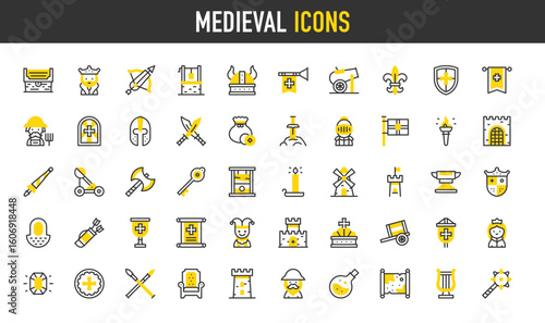 Medieval vector icons. Windmill, Tower, Well, Cart, Sorcerer, Gate, Goblet, Fleur De Lis, Helmet, Potion, Gemstone, Crown, Heraldic Flag, Queen, Coin, Spears illustration.	
