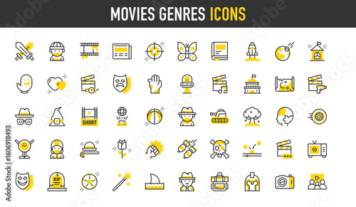 Movies genres vector icons. Action Movie, Short, Romance, Magical, Animation, Adventure, Historical, Shark, Thriller, Musical, Psychological, Drama illustration.	
