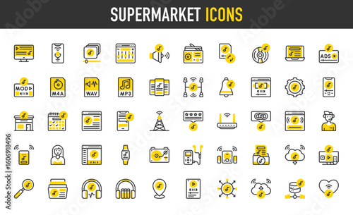 Music streaming vector icons. Subscription, Router, Multi Users, Equalizer, Volume, Sync, Schedule, Audio Book, Music Studio, Ads, Wav, Music, Cloud, Smart Tv illustration.	
