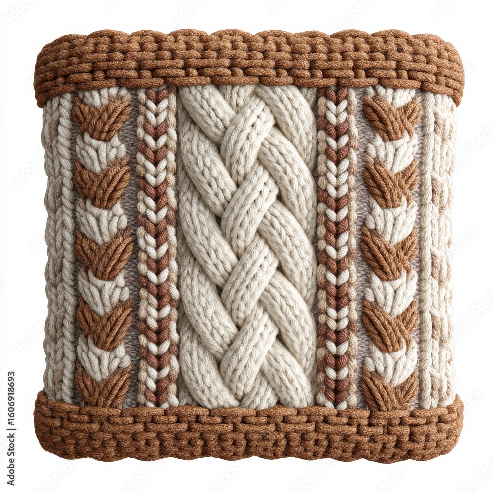 Obraz premium Cream and Brown Knitted Pillow with Cable Knit Pattern