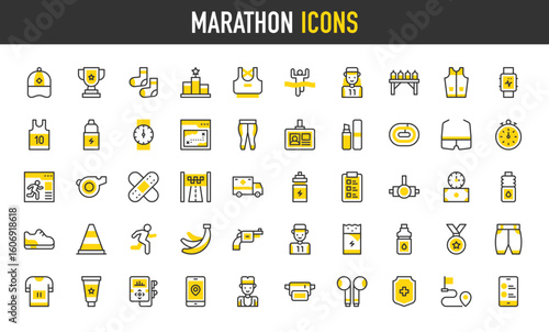 Marathon vector icons. Stopwatch, Athlete, Position, Membership, List, Cap, Trophy, Winner, Shirt, Price, Water Bottle, Socks, Sports Bra, Energy Bar, Water, Medal illustration.	
