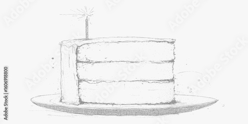 Cake with candles on top of it. Hand-drawn graphic with gritty halftone shading, paper photocopy noise and bold threshold edges for a vintage look.