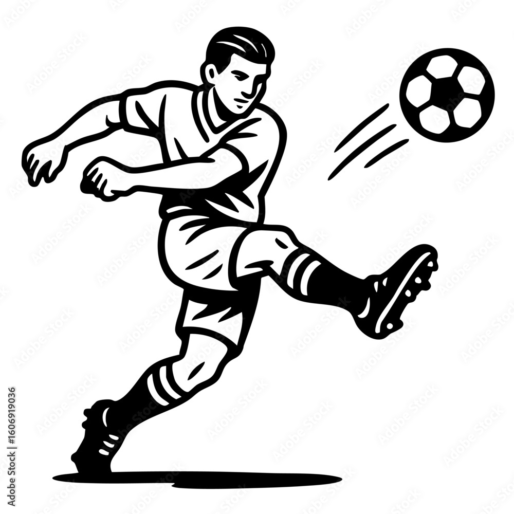 Naklejka premium Soccer Player in Action Kicking Football – Dynamic Black and White Vector