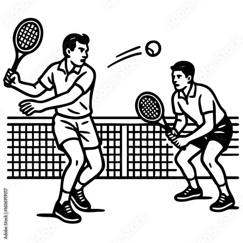 Two Male Tennis Players Competing in Doubles Match – Vector Illustration