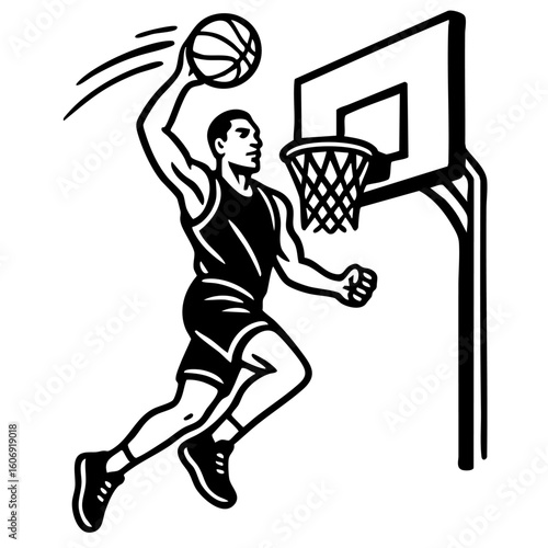 Basketball Player Jumping for Slam Dunk – Black and White Vector