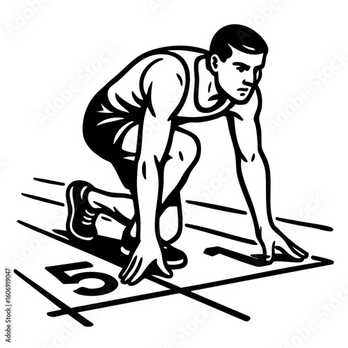 Sprinter on Starting Block in Athletic Race Pose – Vector Illustration