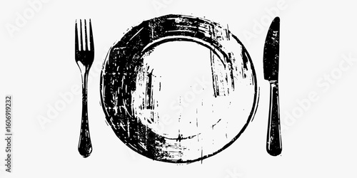 Plate with a fork and knife. Rough drawing with grainy look, photocopy paper texture and threshold retro style.