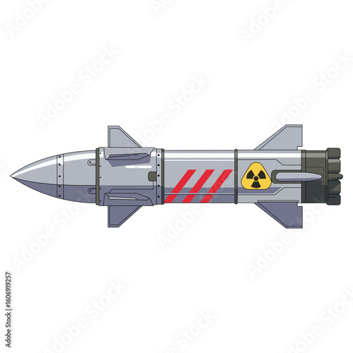 Cartoon style nuclear missile vector illustration representing weapon military danger explosion power technology warhead and defense concept
