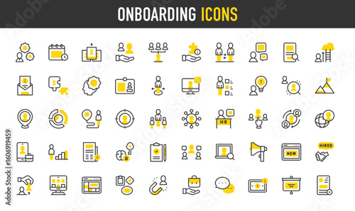 Onboarding vector icons. Magnet, Employee, Team, Calendar, Puzzle, Goal, Human Resources, Clipboard, Hand, Evolution, Search, Team, File, Mind, Location illustration.	
