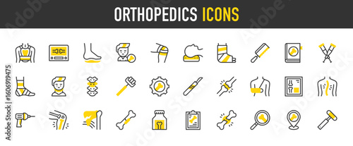 Orthopedics vector icons. Pillow, Shin, Joint, Bandage, Scoliosis, Orthotics, Broken Bone, Broken Arm, Posture, Neck, Knee, Cast, Examination, Settings, Fracture illustration.	
