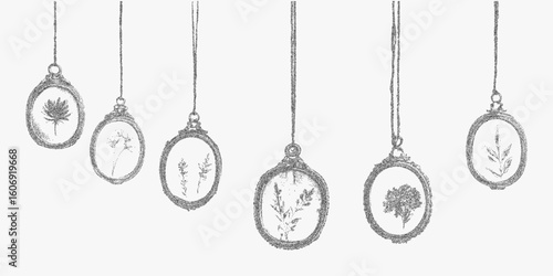 Series of ornaments hanging from a string. Simple stipple illustration, dotted halftone shading, rough paper photocopy texture, threshold contrast.