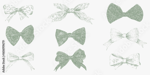 Set of green bows with a grainy texture. Clean stipple with rough halftone shading, paper photocopy texture and bold threshold lines.