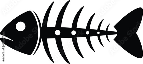 A simple black and white illustration of a fish skeleton with a head tail and prominent rib bones shown
