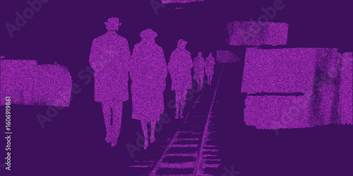 Purple background with a people walking on a train platform. Grainy photocopy look with stipple lines, dotted halftone overlay and faded threshold.