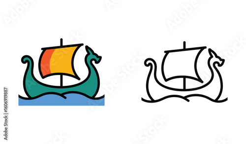 Viking Ship Cartoon Illustration with Bold Outline and Flat Design Nautical Theme
