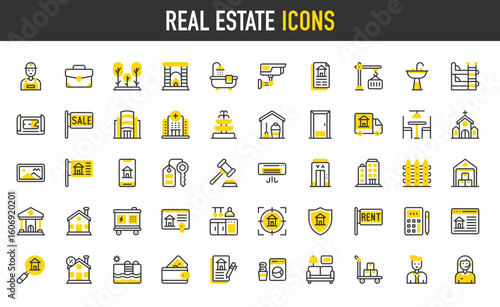 Real estate vector icons. Shopping Mall, Living Room, Auction, Apartments, Storeroom, Search, Garden, Protection, Construction, Dining Room, Kitchen, Wallet illustration.	
