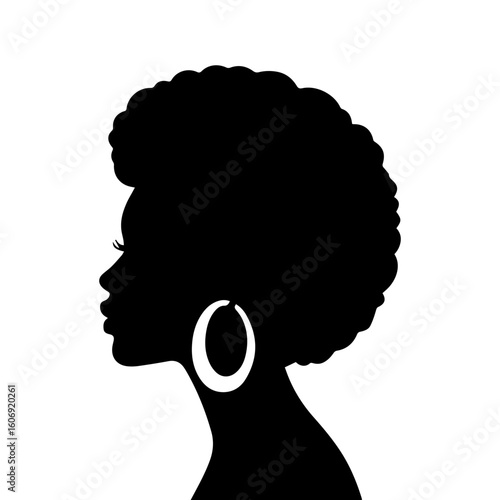 Silhouette Cameo of Black Woman with Afro Hairstyle and Earrings – Elegant Vector Profile 
