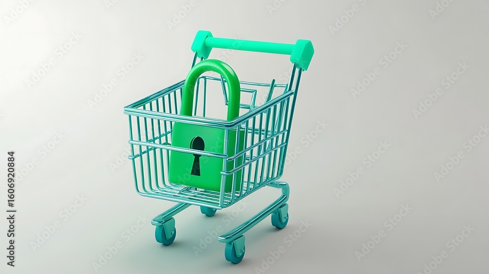Fototapeta premium Shopping cart with green padlock symbolizing secure purchase