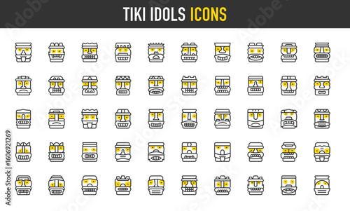 Set of Tiki idols vector stroke icons. such as Tiki, tattoo illustration.	
