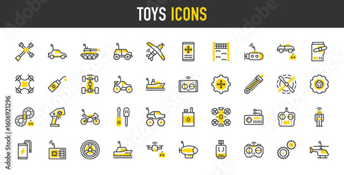 Toys vector icons. Gyroscope, Speedboat, Receiver, Controller, Motorbike, Boat, Tank, Track, Motor, Fuel, Submarine, Plane, Controller, Robot, Battery, Wheel, Drone illustration.	
