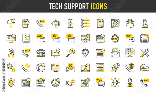 Tech support vector icons. Tools, Support, Chat Bot, Server, Virus, Network, Translate, Laptop, Mobile Service, User, Email, Browser, Waiting, Testimonial, Solved illustration.	

