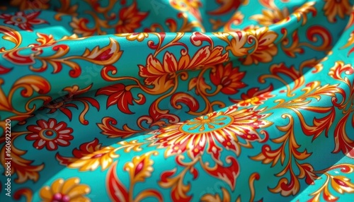 Wallpaper Mural uzbek silk burst in vibrant turquoise and gold on silk fabric under soft daylight for luxury accessory branding and cultural fashion visuals Torontodigital.ca