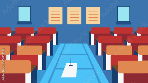 empty exam hall with roll call sheets and id desk