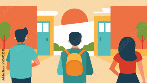 flat design of students entering school in morning