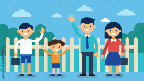 parents waving goodbye to happy kids at school gate
