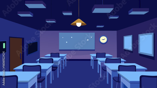 night classroom with soft ceiling lights