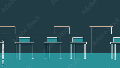 side angle of chalkboard and rows of desks